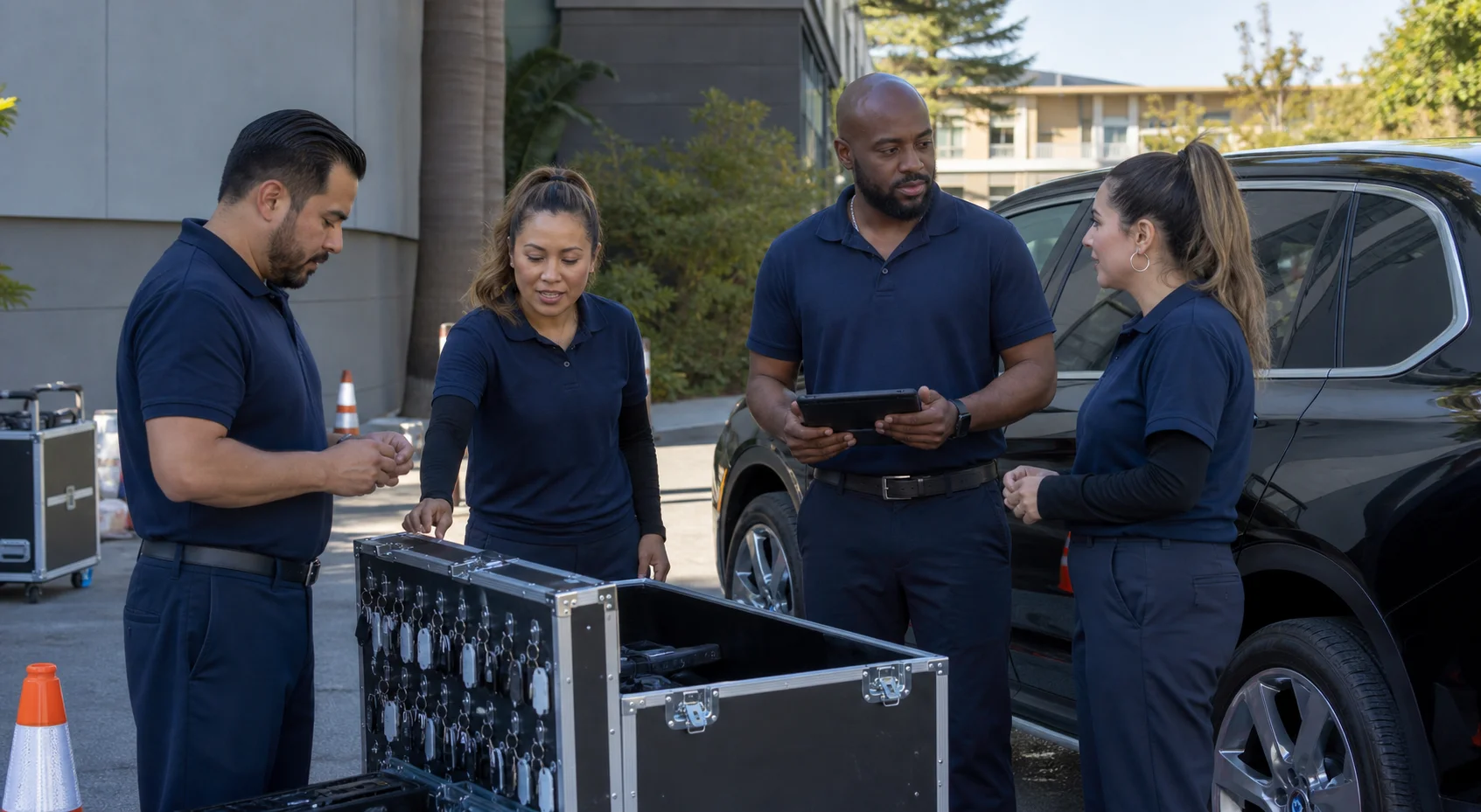 Four uniformed valet attendants checking keys and equipment before a shift