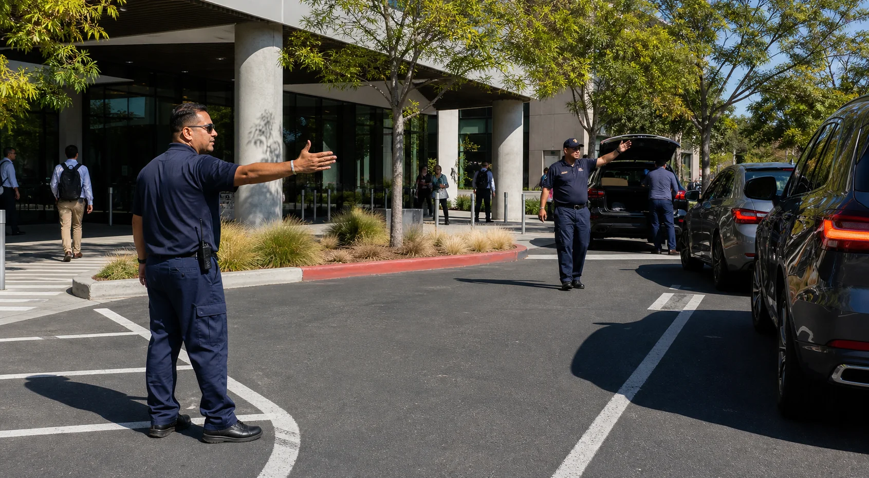 Valet team directing arriving vehicles at a modern San Jose office campus