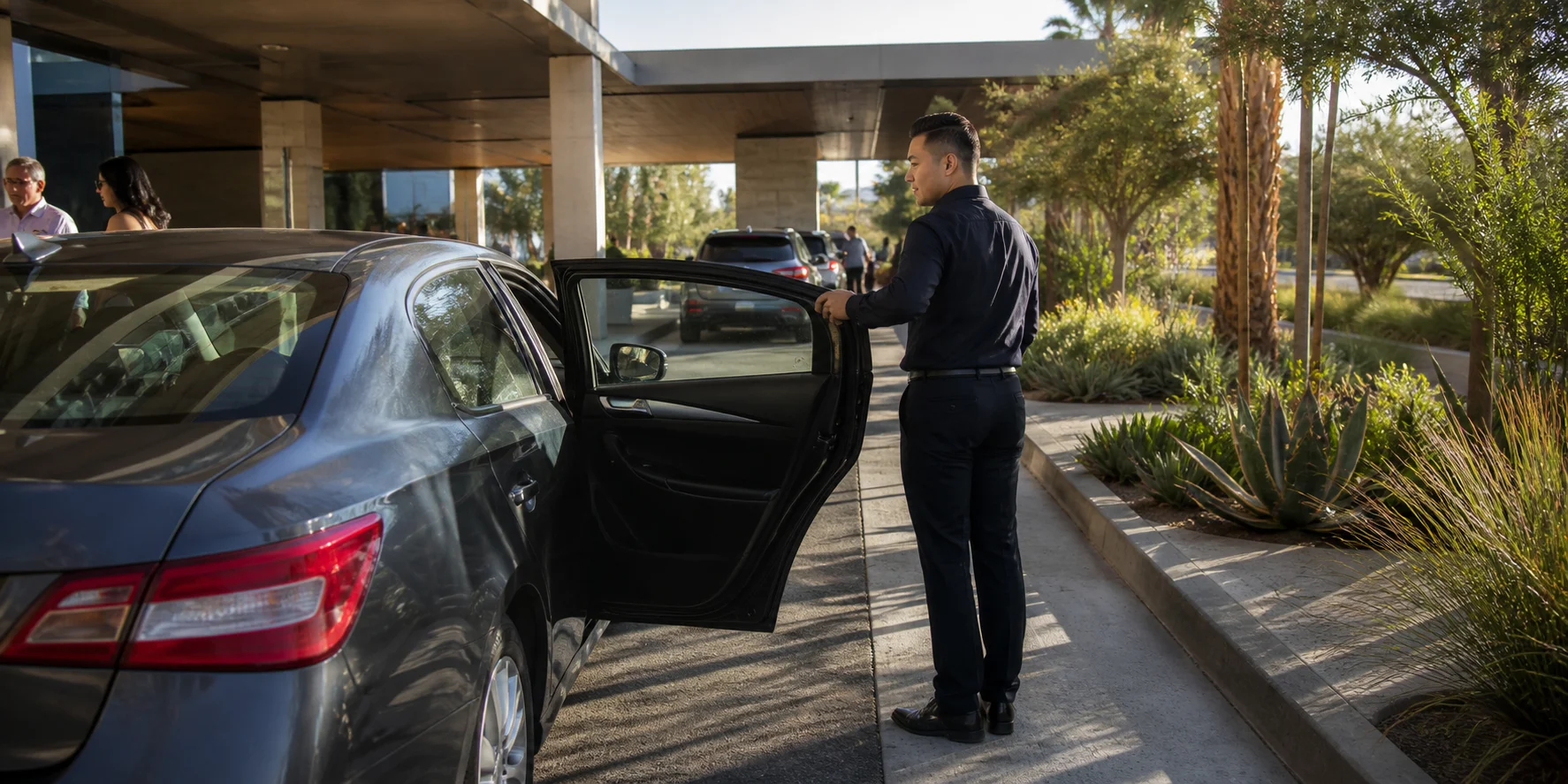 Uniformed valet opening a guest vehicle at a contemporary San Jose arrival drive