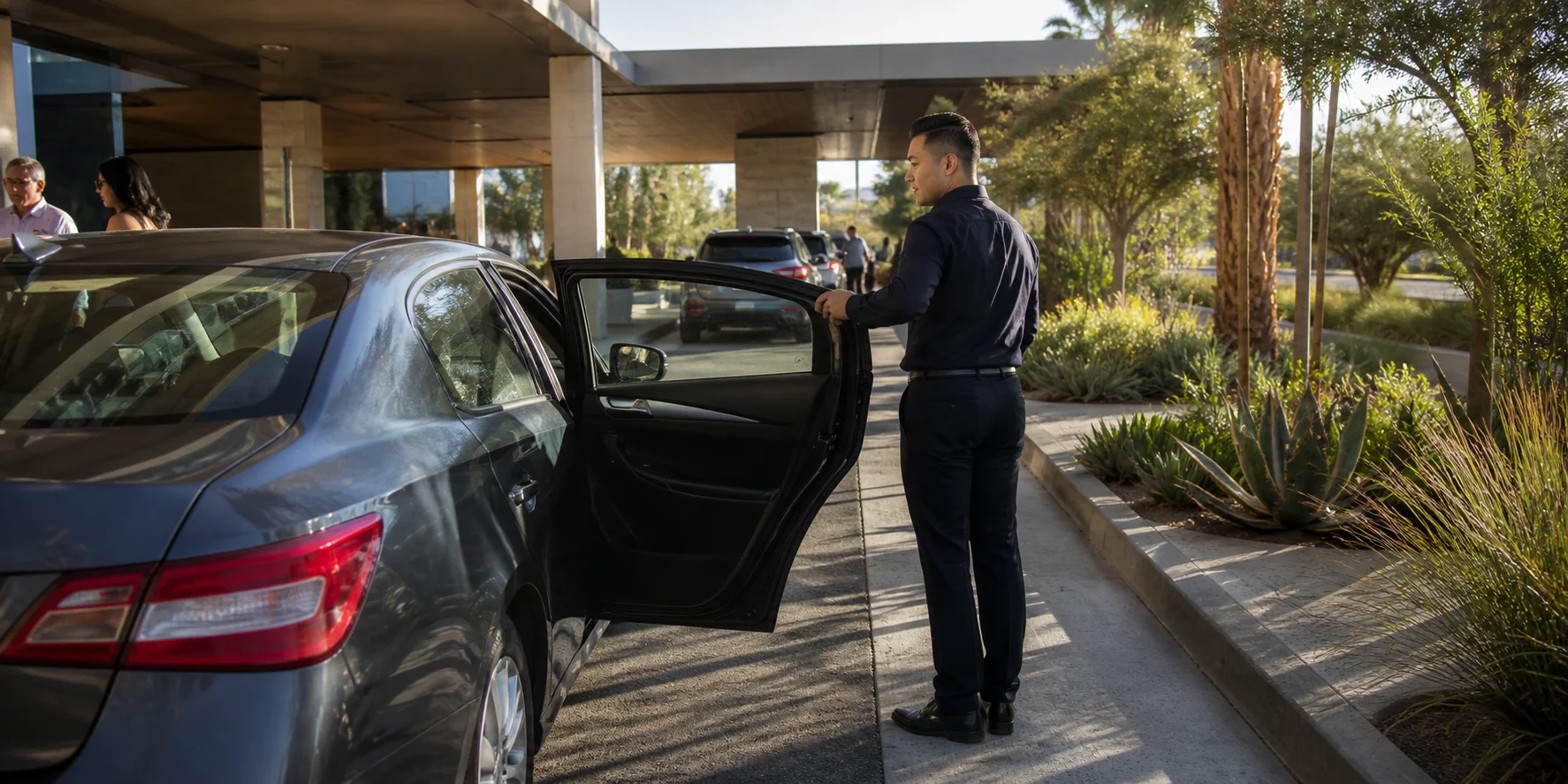 Valet attendant opening a guest vehicle at a contemporary San Jose hotel entrance