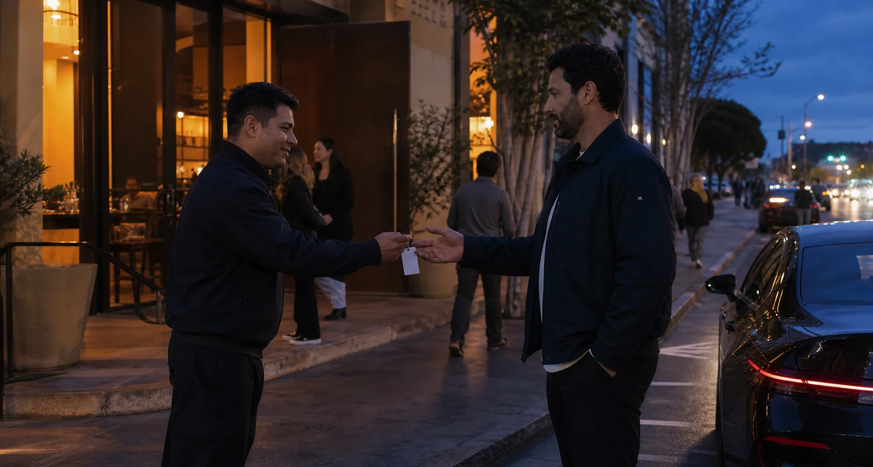 Valet attendant returning a guest key outside a South Bay restaurant
