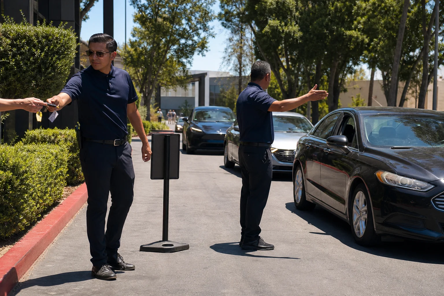 Two uniformed valet attendants directing arriving vehicles at a San Jose property